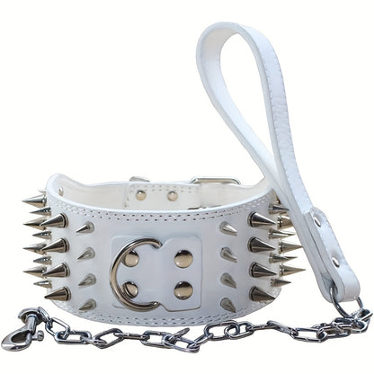 7.62 cm Wide Faux Leather 4 Rows Spiked Studded Dog Collar + Dog Leash Lead Set Heavy Duty Fit Pit Bull Terrier Mastiff