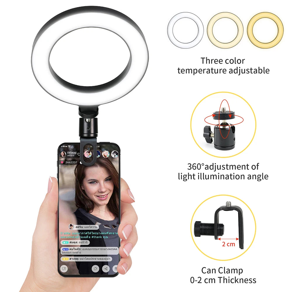 Clip-on LED ring light for content