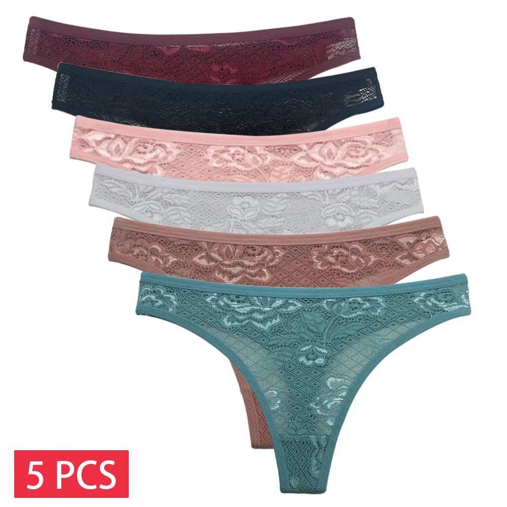 5 Pcs/Set Women's Underwear M-XL Sexy G-string Floral Transparent Female Underpants Lingerie Lace Thongs Woman Panties