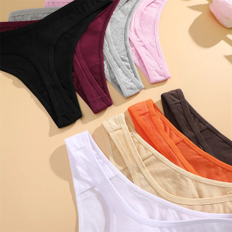 8PCS Women Cotton Thongs Sexy V Waist G-String Panties Seamless Soft Underwear for Women Solid Color Girls Intimates Lingerie