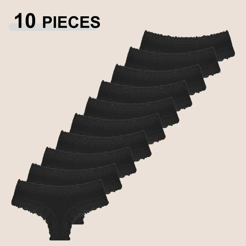 10PCS/Set Women Lace Cotton Panties Sexy Low-Waist Brazilian Panties Solid Color Female Soft Underwear Ladies Intimates Lingerie