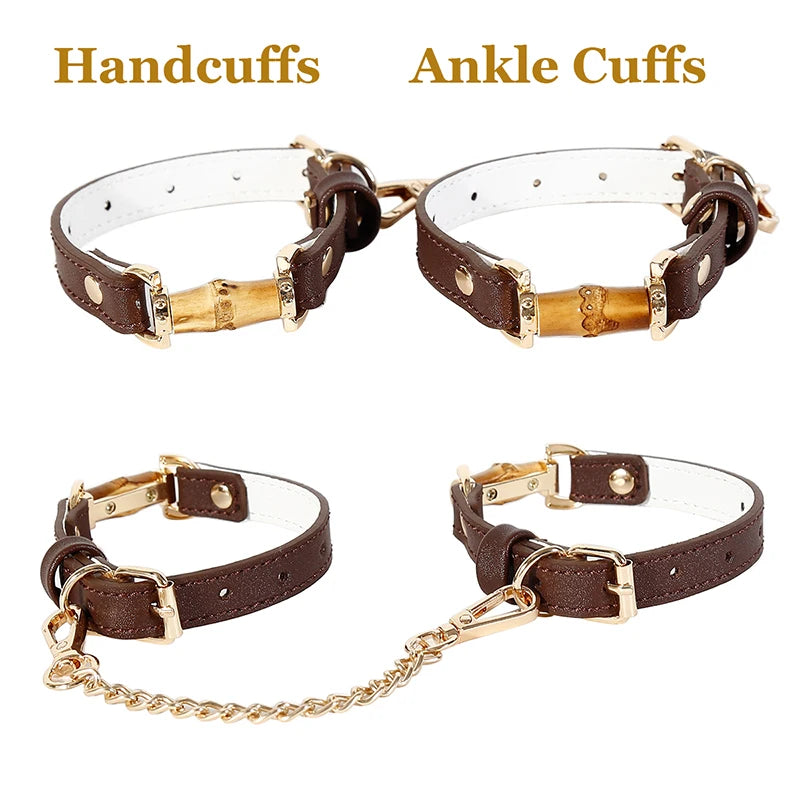 Bamboo Joint Bdsm Handcuffs Anklecuffs Open Mouth Gag Bdsm Collar PU Leather Slave Bondage Sex Toys for Woman Men SM Product