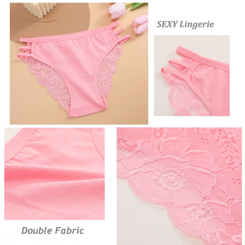 7PCS/Set Women Floral Lace Panties Sexy Low-Waist Briefs Female Hollow Out Breathable Underwear Cotton Soft Lingerie Solid Color