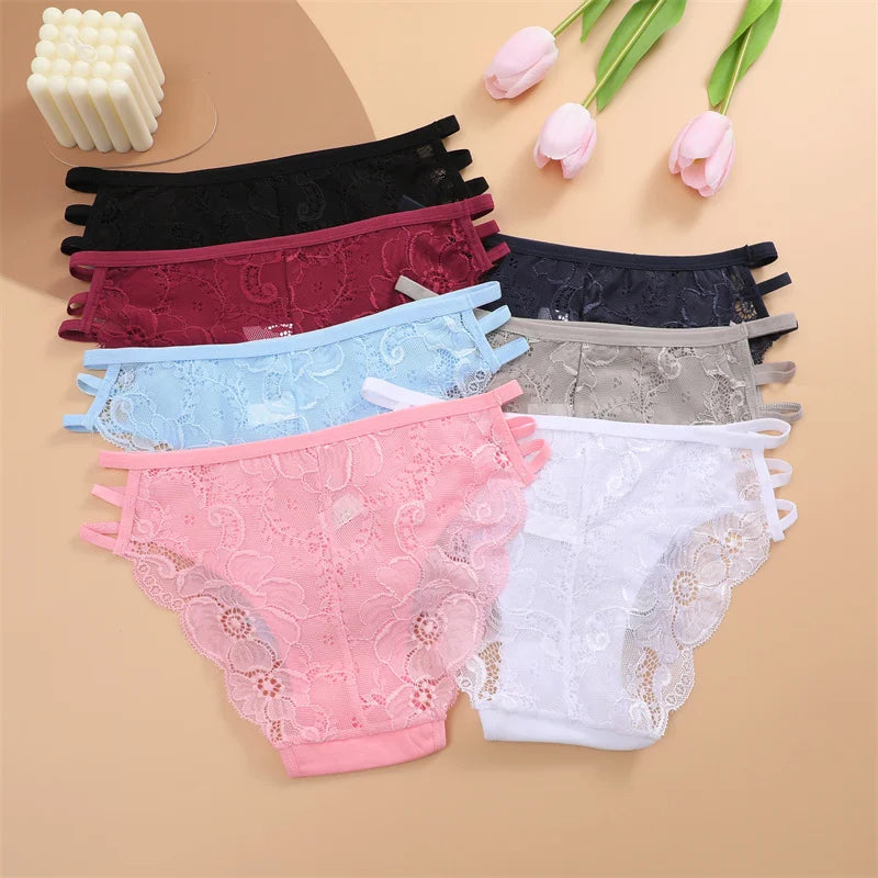 7PCS/Set Women Floral Lace Panties Sexy Low-Waist Briefs Female Hollow Out Breathable Underwear Cotton Soft Lingerie Solid Color