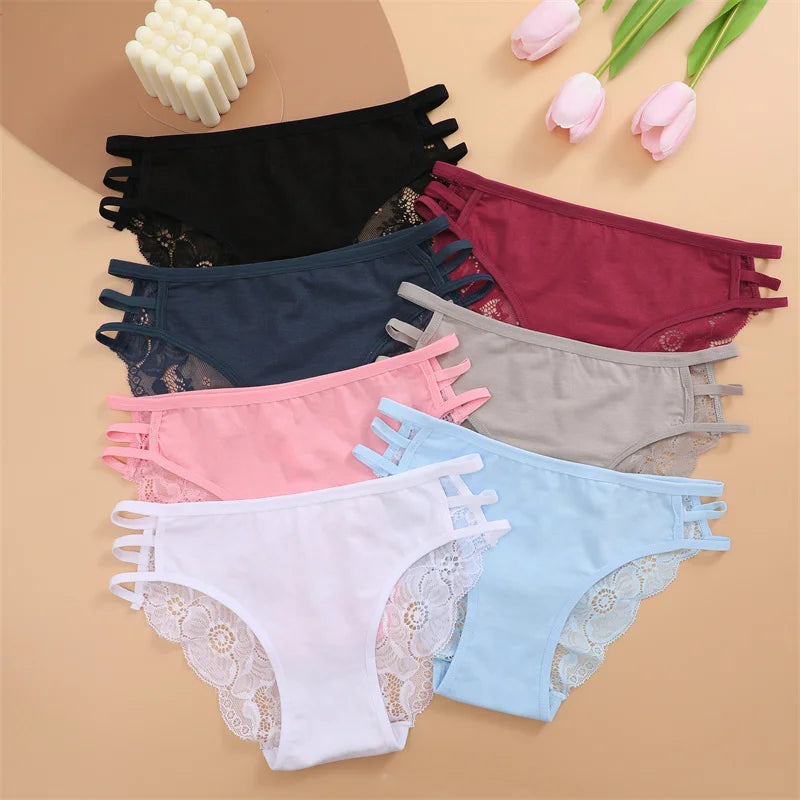 7PCS/Set Women Floral Lace Panties Sexy Low-Waist Briefs Female Hollow Out Breathable Underwear Cotton Soft Lingerie Solid Color