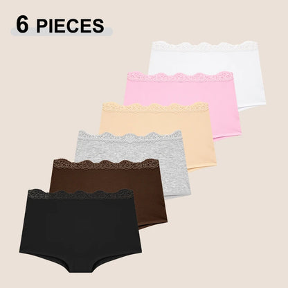 6Pcs/Set Women's Panties Sexy Lace Cotton Boyshorts Seamless Solid Color Comfortable Breathable Underwear Female Sports Boxers