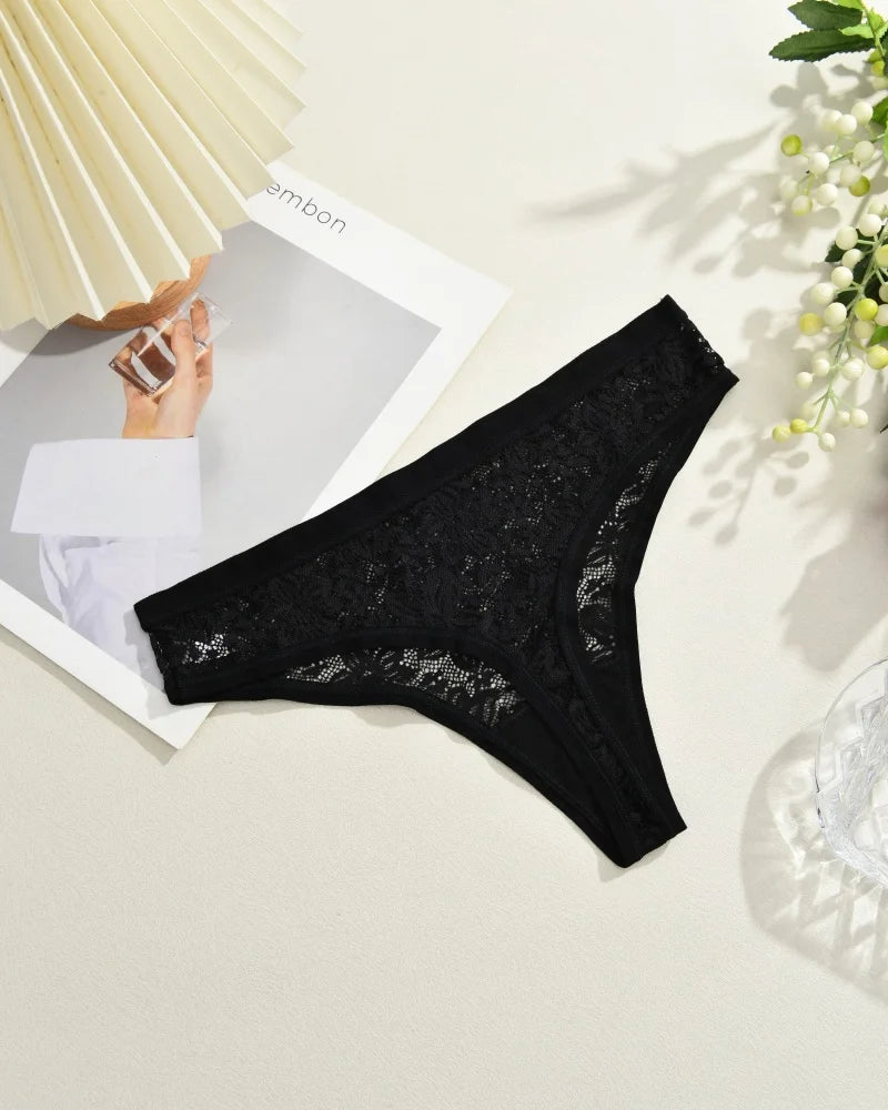 6Pcs/Set Sexy Lace Floral Panties For Women Simple Solid Color Low Rise High Quality Thongs Trendy Transparent Intimate Lingerie