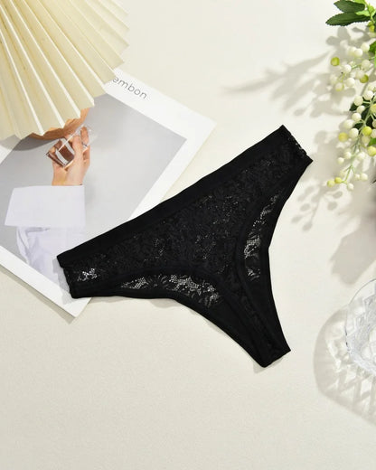 6Pcs/Set Sexy Lace Floral Panties For Women Simple Solid Color Low Rise High Quality Thongs Trendy Transparent Intimate Lingerie