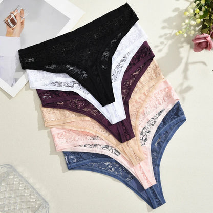 6Pcs/Set Sexy Lace Floral Panties For Women Simple Solid Color Low Rise High Quality Thongs Trendy Transparent Intimate Lingerie
