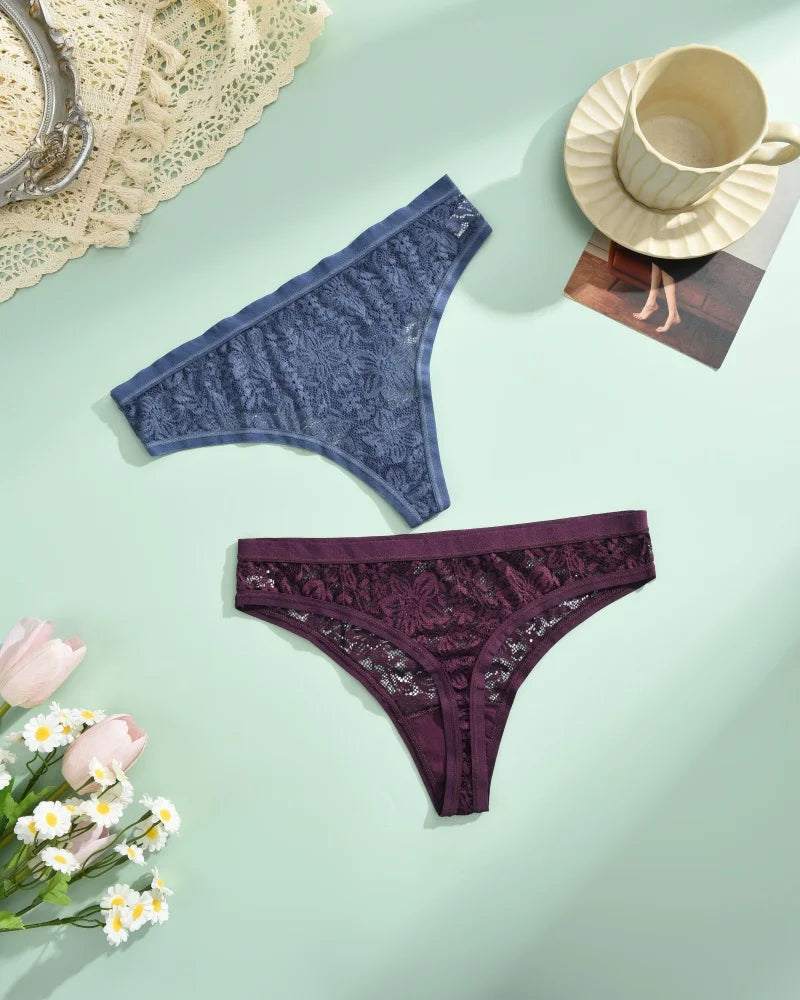 6Pcs/Set Sexy Lace Floral Panties For Women Simple Solid Color Low Rise High Quality Thongs Trendy Transparent Intimate Lingerie
