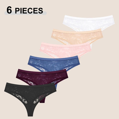 6Pcs/Set Sexy Lace Floral Panties For Women Simple Solid Color Low Rise High Quality Thongs Trendy Transparent Intimate Lingerie