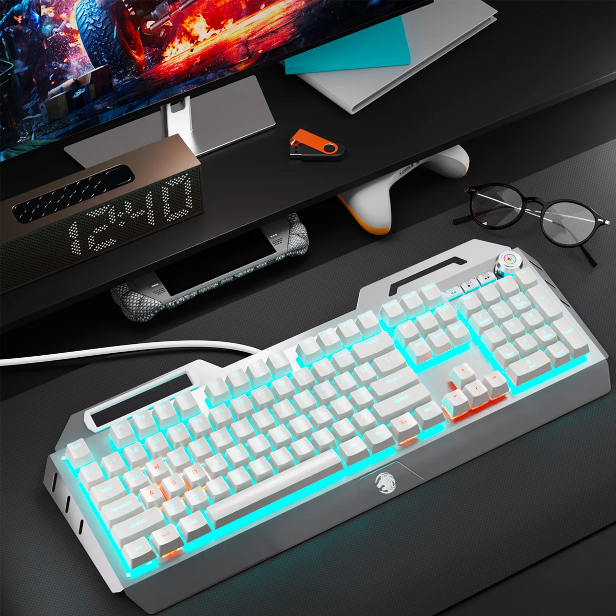 EWEADN Wired Mechanical Gaming Keyboard, Knob Blue Switch,104-Key,Ergonomic, Durable,Gaming/Typing, Laptops/PCs, Esports/Gaming