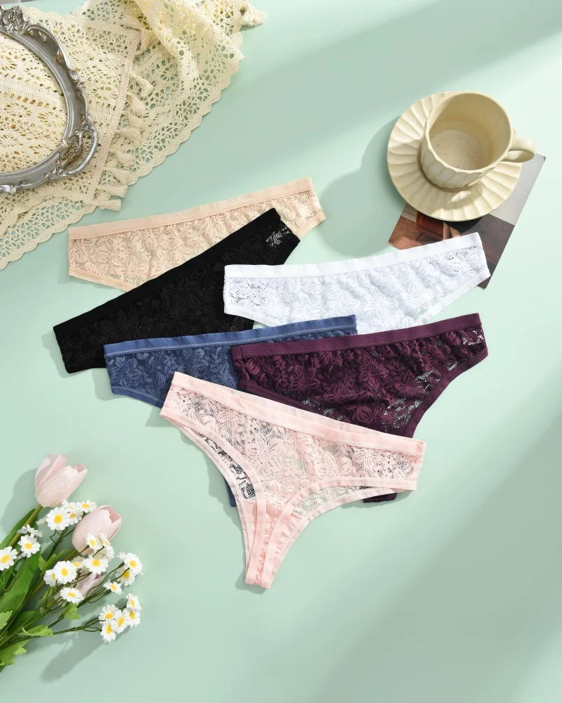 6Pcs/Set Sexy Lace Floral Panties For Women Simple Solid Color Low Rise High Quality Thongs Trendy Transparent Intimate Lingerie