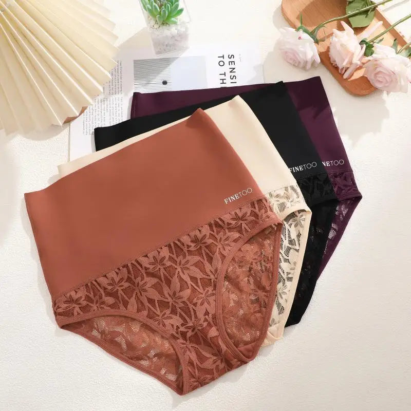 4Pcs/Set Women's Seamless Panties Sexy Solid Color Lace Floral Legging Plus Size High Waist Shapewear Female Soft Cozy Lingerie