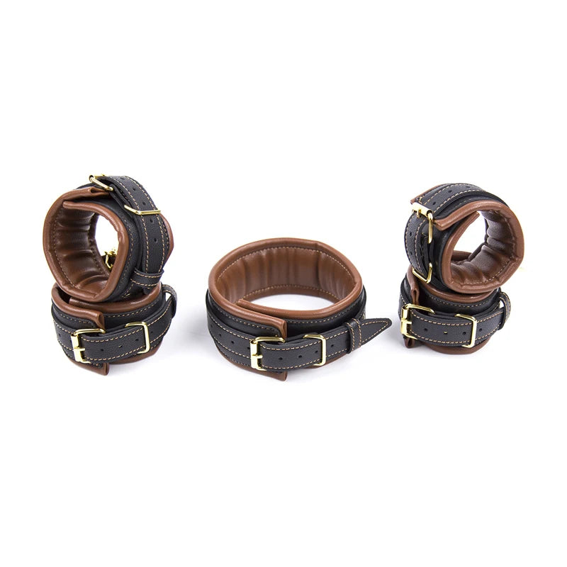 3-Piece Leather Collar, Wrist & Ankle Cuff Set