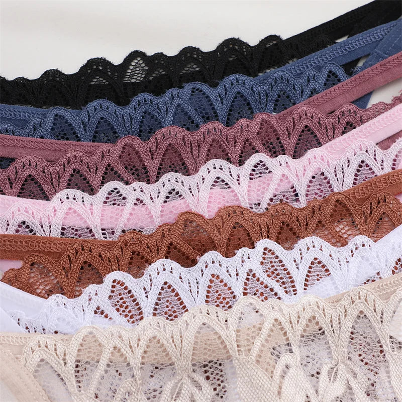 7Pcs/Set Women's Lace Panties Sexy Hollow Out Floral Thongs Solid Color Low Rise Thongs Fashion Cozy Breathable G-String S-XL
