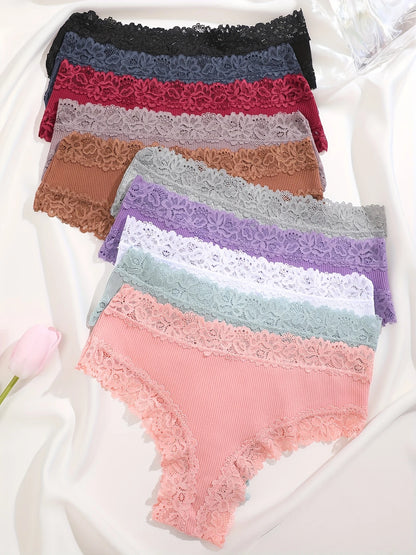10PCS/Set Women Lace Cotton Panties Sexy Low-Waist Brazilian Panties Solid Color Female Soft Underwear Ladies Intimates Lingerie