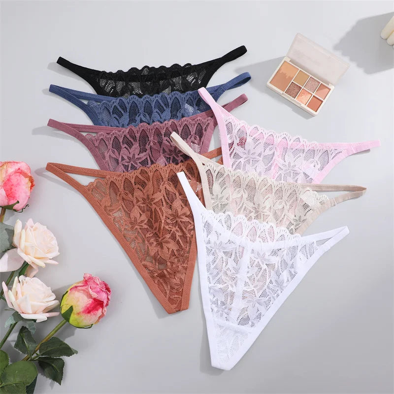 7Pcs/Set Women's Lace Panties Sexy Hollow Out Floral Thongs Solid Color Low Rise Thongs Fashion Cozy Breathable G-String S-XL