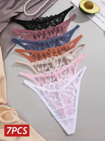 7Pcs/Set Women's Lace Panties Sexy Hollow Out Floral Thongs Solid Color Low Rise Thongs Fashion Cozy Breathable G-String S-XL