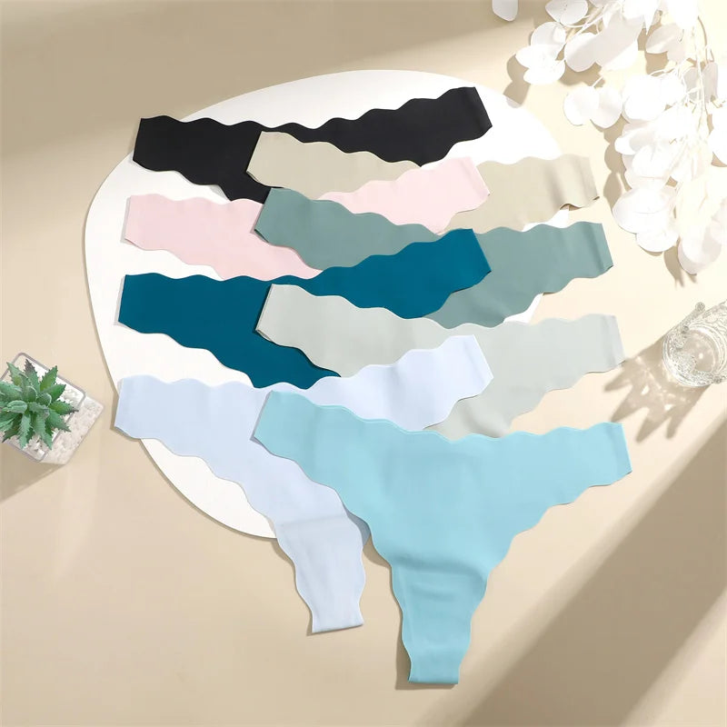 New 8Pcs/Set Women's Traceless Panties Soft Comfortable Thongs Sexy Solid Color Wavy Edge G-Strings Female Breathable Underpants