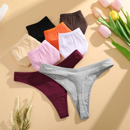 8PCS Women Cotton Thongs Sexy V Waist G-String Panties Seamless Soft Underwear for Women Solid Color Girls Intimates Lingerie
