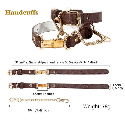 Bamboo Joint Bdsm Handcuffs Anklecuffs Open Mouth Gag Bdsm Collar PU Leather Slave Bondage Sex Toys for Woman Men SM Product