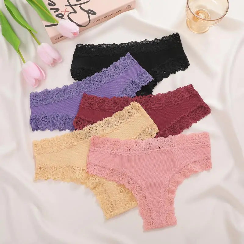 10PCS/Set Women Lace Cotton Panties Sexy Low-Waist Brazilian Panties Solid Color Female Soft Underwear Ladies Intimates Lingerie