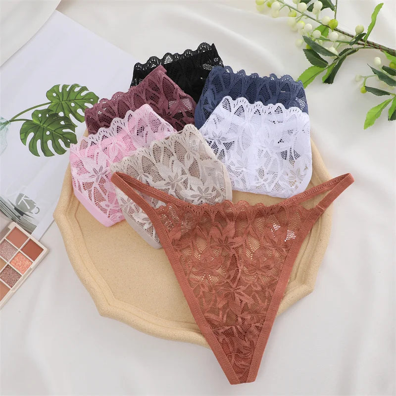 7Pcs/Set Women's Lace Panties Sexy Hollow Out Floral Thongs Solid Color Low Rise Thongs Fashion Cozy Breathable G-String S-XL