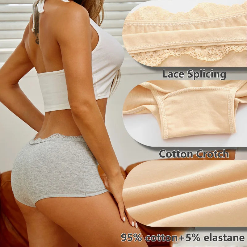 6Pcs/Set Women's Panties Sexy Lace Cotton Boyshorts Seamless Solid Color Comfortable Breathable Underwear Female Sports Boxers