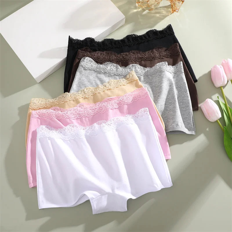 6Pcs/Set Women's Panties Sexy Lace Cotton Boyshorts Seamless Solid Color Comfortable Breathable Underwear Female Sports Boxers
