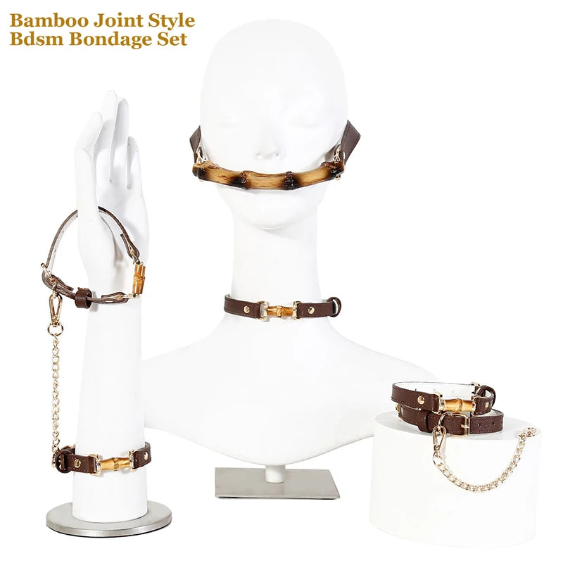 Bamboo Joint Bdsm Handcuffs Anklecuffs Open Mouth Gag Bdsm Collar PU Leather Slave Bondage Sex Toys for Woman Men SM Product