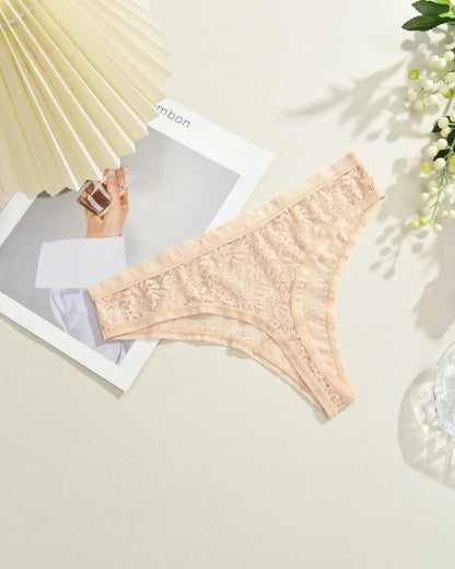 6Pcs/Set Sexy Lace Floral Panties For Women Simple Solid Color Low Rise High Quality Thongs Trendy Transparent Intimate Lingerie
