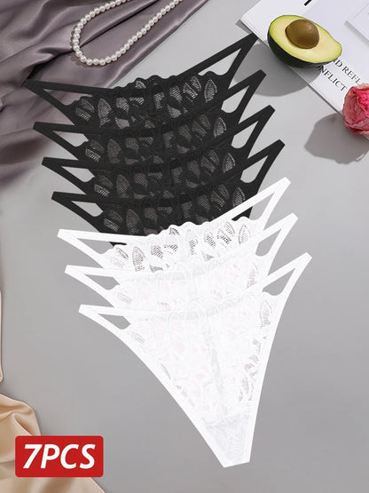 7Pcs/Set Women's Lace Panties Sexy Hollow Out Floral Thongs Solid Color Low Rise Thongs Fashion Cozy Breathable G-String S-XL