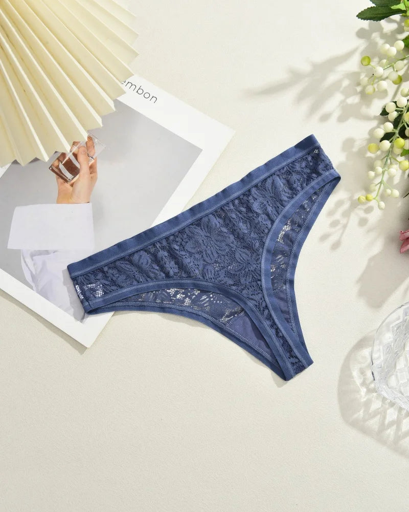 6Pcs/Set Sexy Lace Floral Panties For Women Simple Solid Color Low Rise High Quality Thongs Trendy Transparent Intimate Lingerie