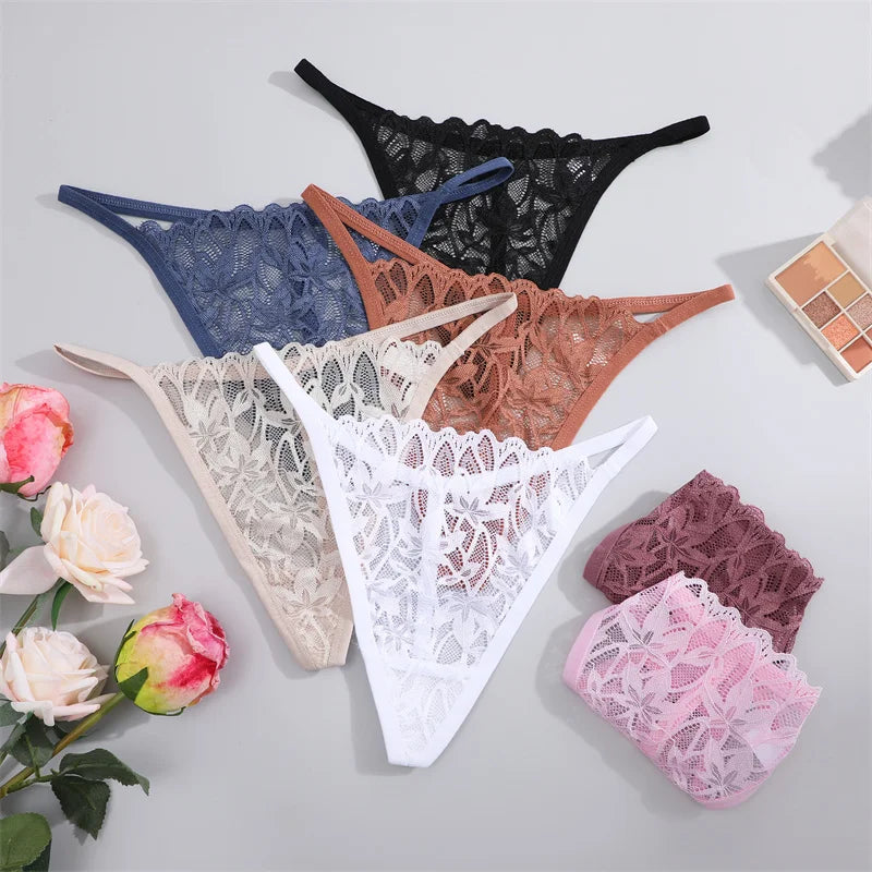 7Pcs/Set Women's Lace Panties Sexy Hollow Out Floral Thongs Solid Color Low Rise Thongs Fashion Cozy Breathable G-String S-XL