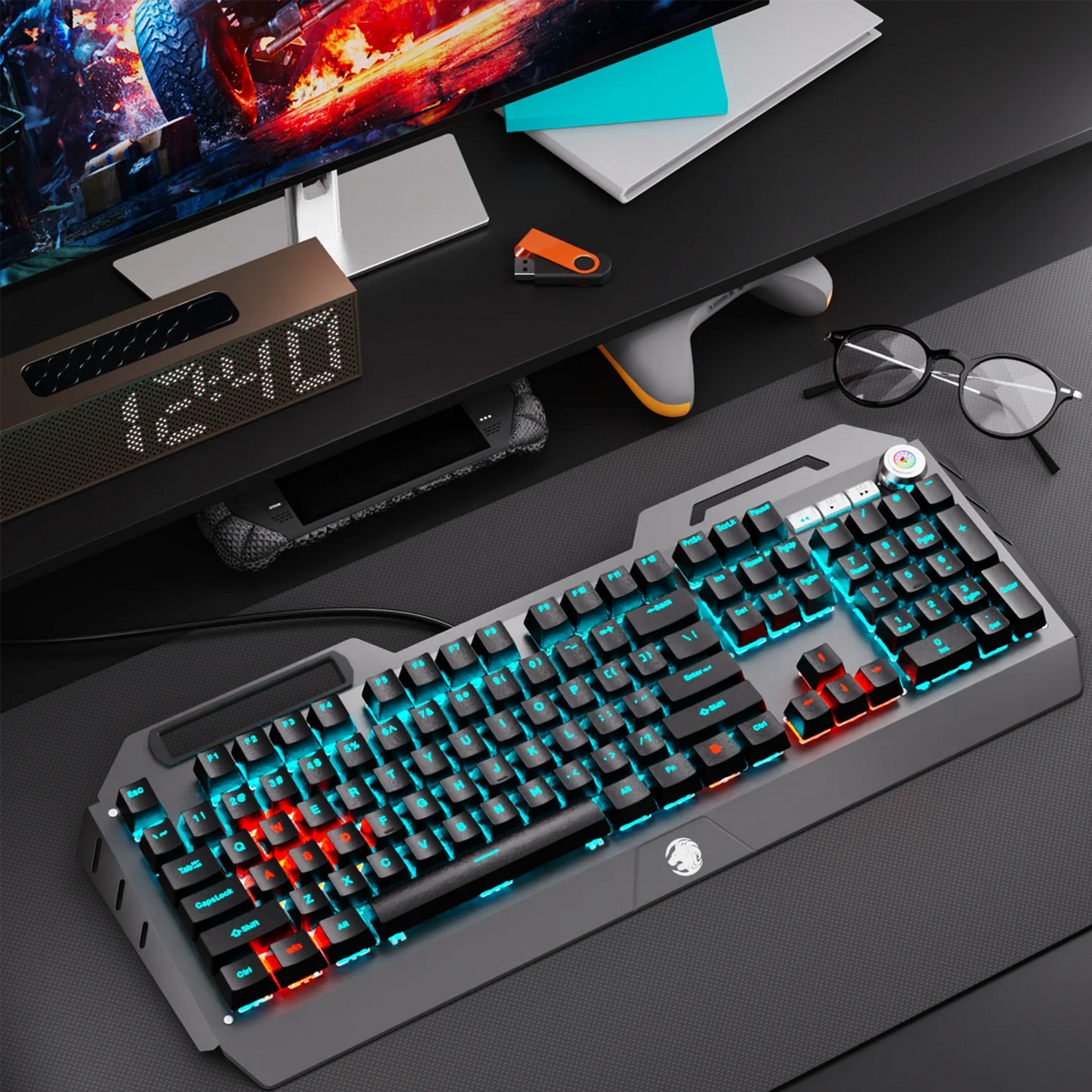 EWEADN Wired Mechanical Gaming Keyboard, Knob Blue Switch,104-Key,Ergonomic, Durable,Gaming/Typing, Laptops/PCs, Esports/Gaming