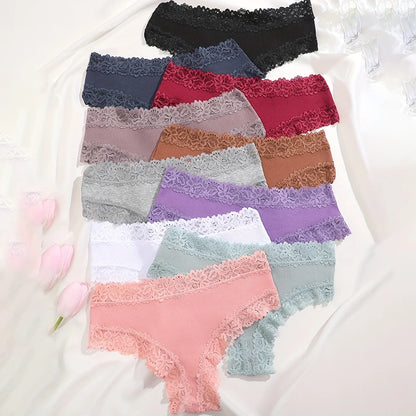10PCS/Set Women Lace Cotton Panties Sexy Low-Waist Brazilian Panties Solid Color Female Soft Underwear Ladies Intimates Lingerie