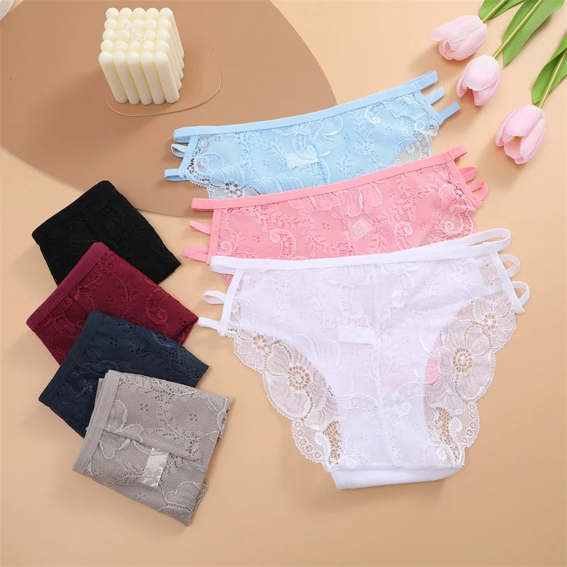 7PCS/Set Women Floral Lace Panties Sexy Low-Waist Briefs Female Hollow Out Breathable Underwear Cotton Soft Lingerie Solid Color