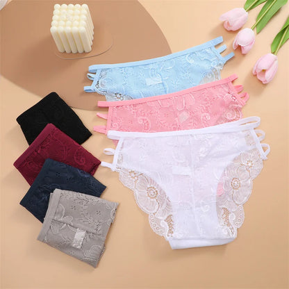 7PCS/Set Women Floral Lace Panties Sexy Low-Waist Briefs Female Hollow Out Breathable Underwear Cotton Soft Lingerie Solid Color