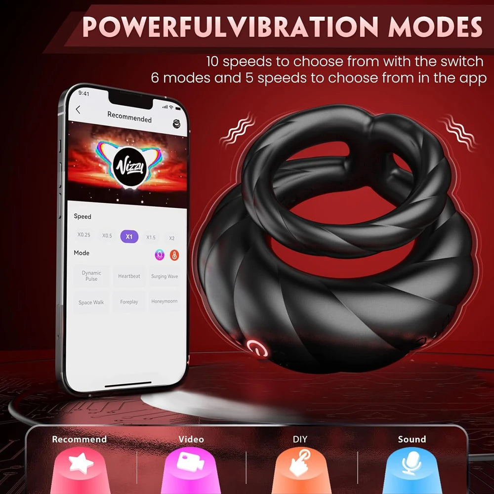 App Control Double Penis Ring Vibrator 10 Vibrations Cock Ring Penis Enhancer G spot Vibrator Mens Vibrator for Longer Erections