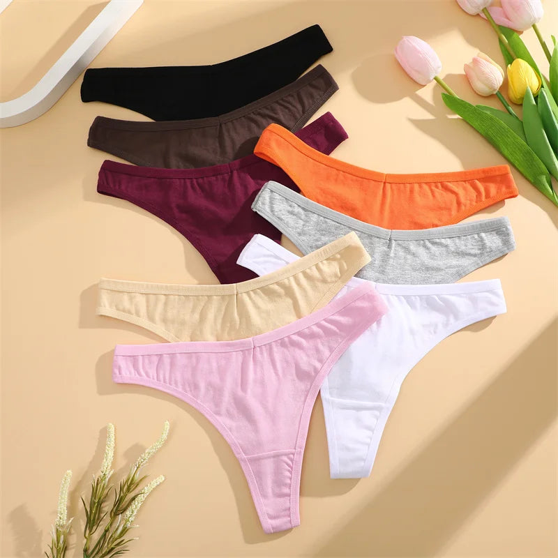 8PCS Women Cotton Thongs Sexy V Waist G-String Panties Seamless Soft Underwear for Women Solid Color Girls Intimates Lingerie