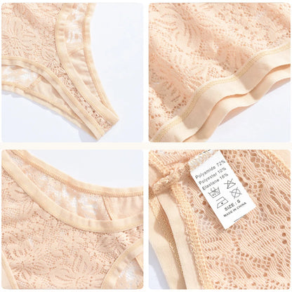 6Pcs/Set Sexy Lace Floral Panties For Women Simple Solid Color Low Rise High Quality Thongs Trendy Transparent Intimate Lingerie
