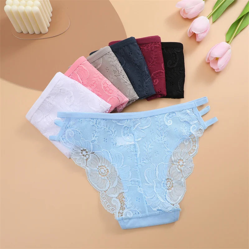 7PCS/Set Women Floral Lace Panties Sexy Low-Waist Briefs Female Hollow Out Breathable Underwear Cotton Soft Lingerie Solid Color