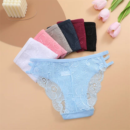 7PCS/Set Women Floral Lace Panties Sexy Low-Waist Briefs Female Hollow Out Breathable Underwear Cotton Soft Lingerie Solid Color