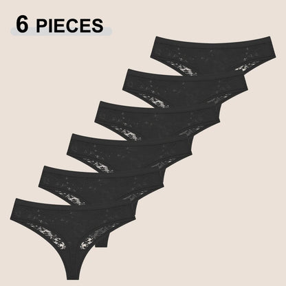 6Pcs/Set Sexy Lace Floral Panties For Women Simple Solid Color Low Rise High Quality Thongs Trendy Transparent Intimate Lingerie