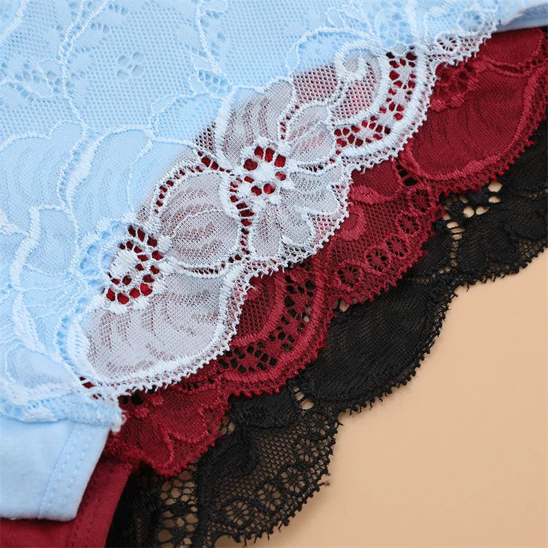 7PCS/Set Women Floral Lace Panties Sexy Low-Waist Briefs Female Hollow Out Breathable Underwear Cotton Soft Lingerie Solid Color