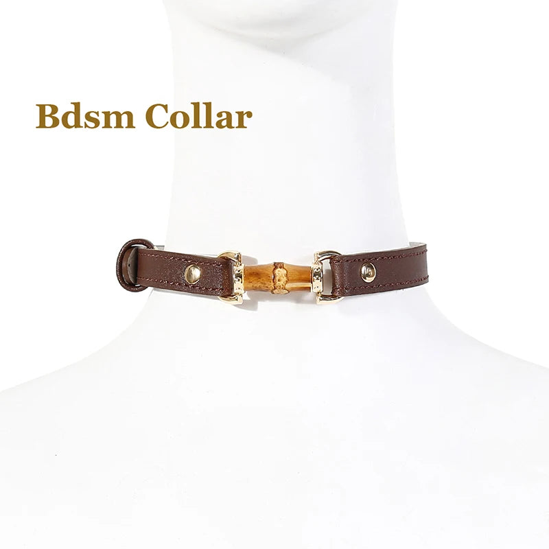 Bamboo Joint Bdsm Handcuffs Anklecuffs Open Mouth Gag Bdsm Collar PU Leather Slave Bondage Sex Toys for Woman Men SM Product