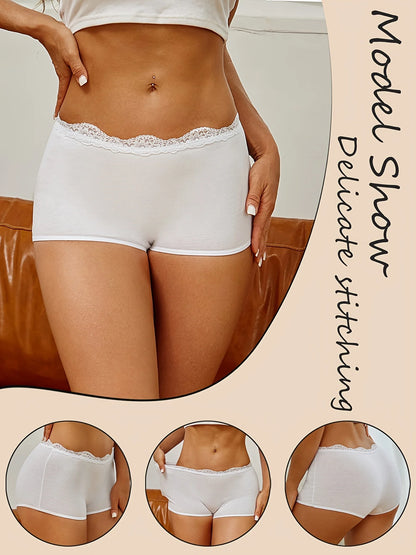 6Pcs/Set Women's Panties Sexy Lace Cotton Boyshorts Seamless Solid Color Comfortable Breathable Underwear Female Sports Boxers