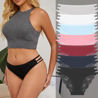 7PCS/Set Women Floral Lace Panties Sexy Low-Waist Briefs Female Hollow Out Breathable Underwear Cotton Soft Lingerie Solid Color