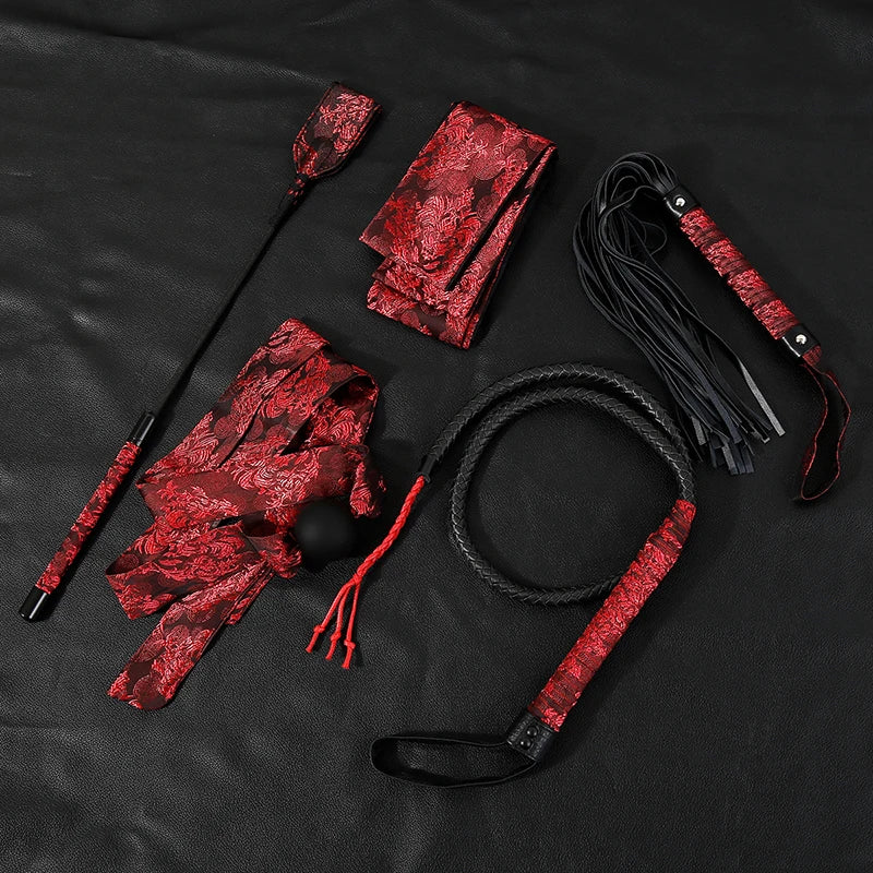 BDSM Bondage Set Chinese Style Leather Whip Bdsm Spanking Flogger Horse Whip Silicone Open Mouth Gag Eye Mask Sex Toys For Women